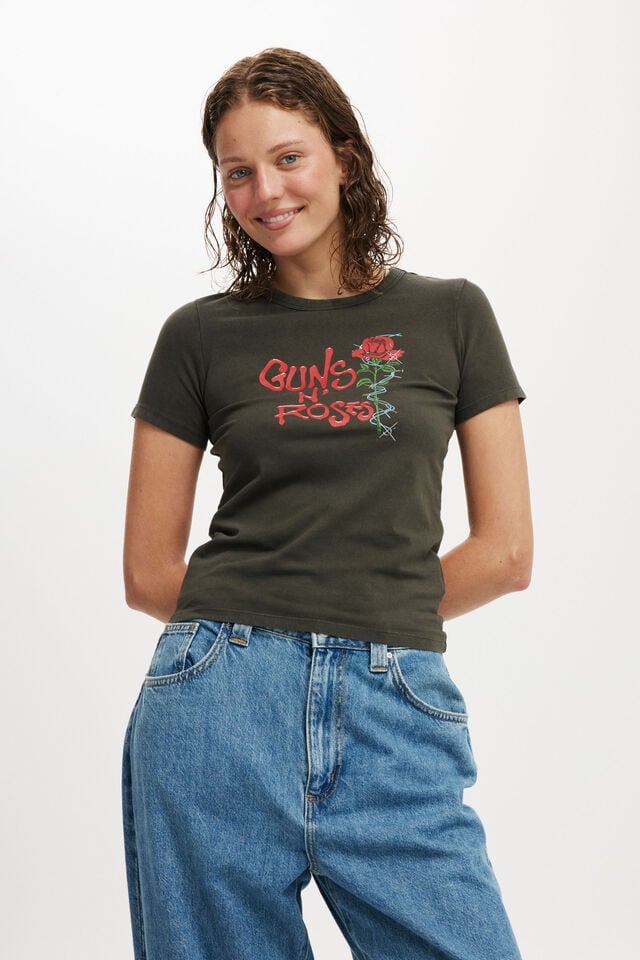 cotton on Guns n Roses Fitted Longline Tee lcn br guns n roses barbwire rose / washed bl