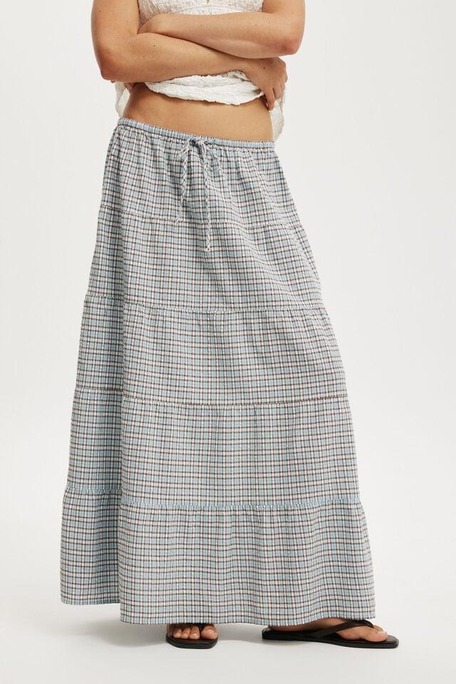 Cotton On Haven Multi Tiered Maxi Skirt Rebecca Blue Check