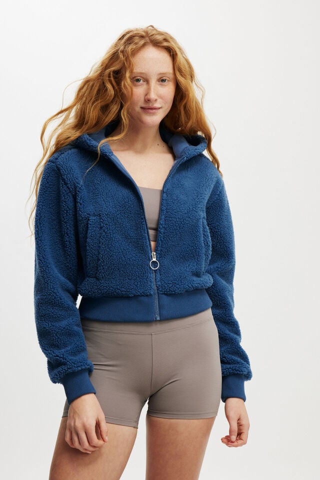cotton on Hooded Sherpa Zip Through Jacket deep blue