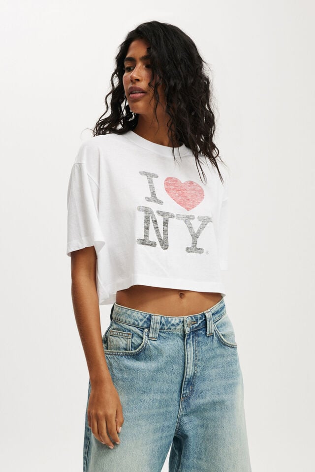 cotton on I Love NY Cropped Boxy Graphic Tee lcn i love ny/ white