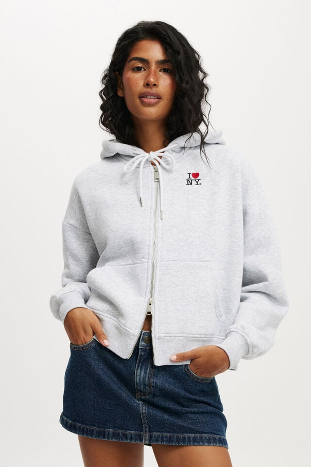cotton on I Love NY Fleece Zip Through Hoodie lcn i love ny/soft grey marle