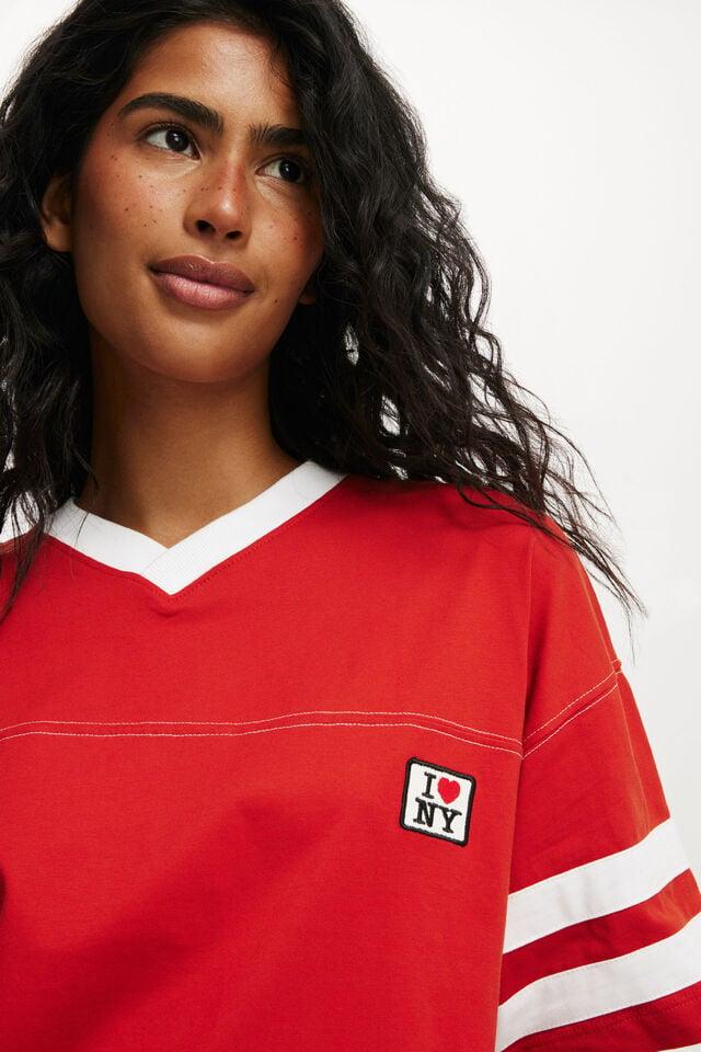 Cotton On I Love NY V Neck Oversized Graphic Tee Lcn I Love Ny/ Poppy Red