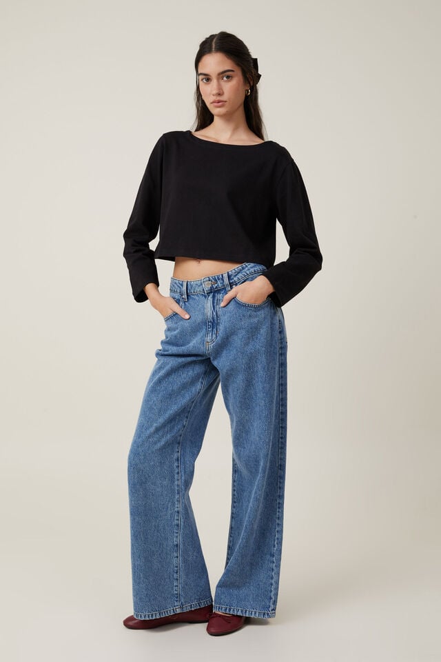 Cotton On Jordyn Boat Neck Chopped Long Sleeve Top Black