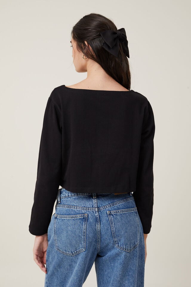 Cotton On Jordyn Boat Neck Chopped Long Sleeve Top Black