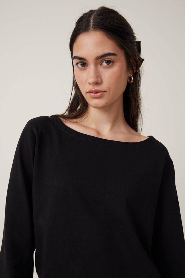 Cotton On Jordyn Boat Neck Chopped Long Sleeve Top Black