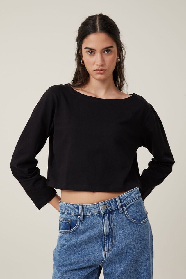 cotton on Jordyn Boat Neck Chopped Long Sleeve Top black
