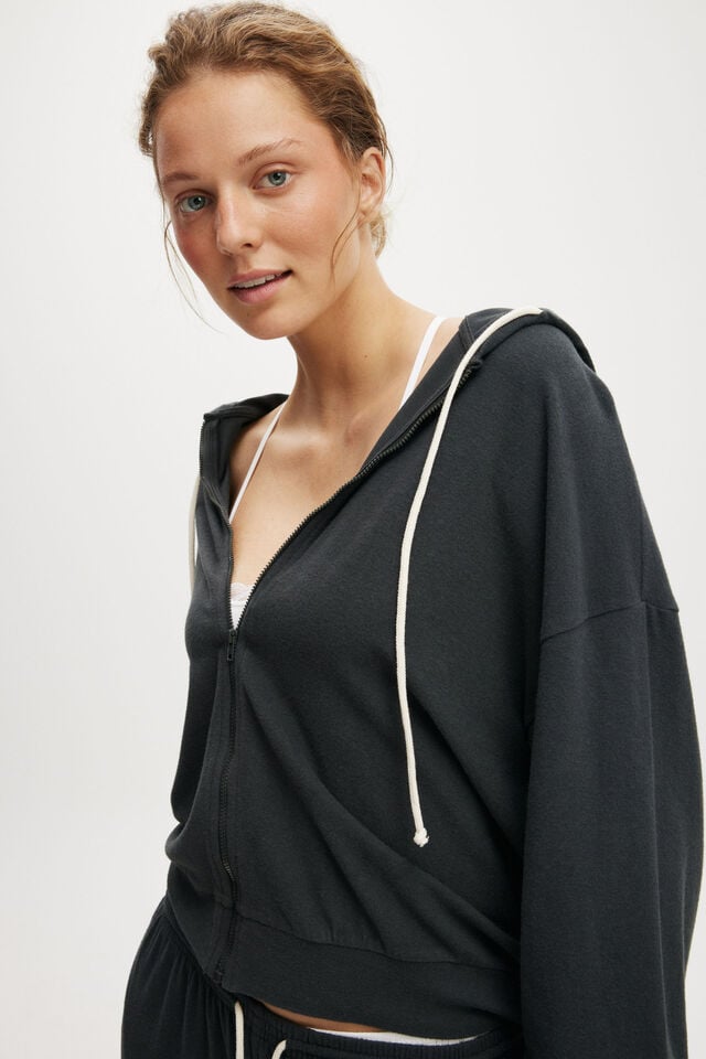 Cotton On Light Weight Super Soft Hooded Zip Through Washed Black