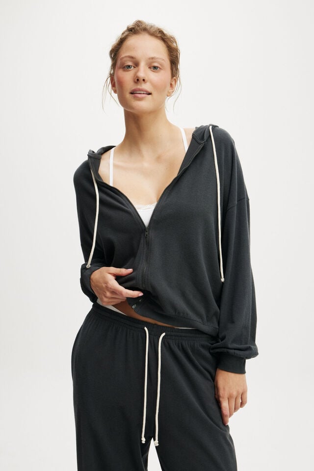 cotton on Light Weight Super Soft Hooded Zip Through washed black