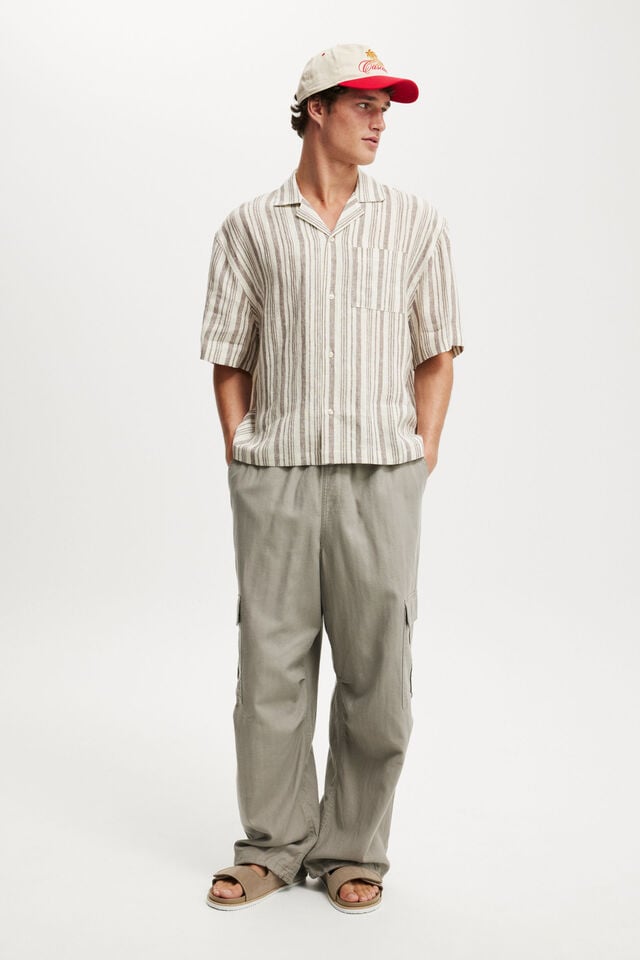 Cotton On Linen Box Fit Short Sleeve Shirt Cream Stripe