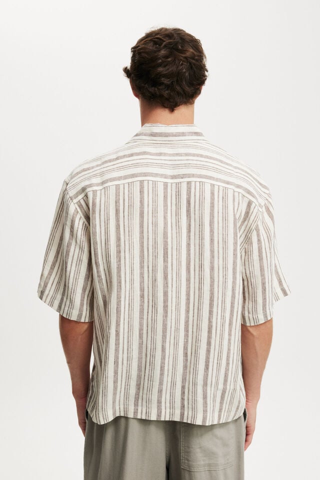 Cotton On Linen Box Fit Short Sleeve Shirt Cream Stripe