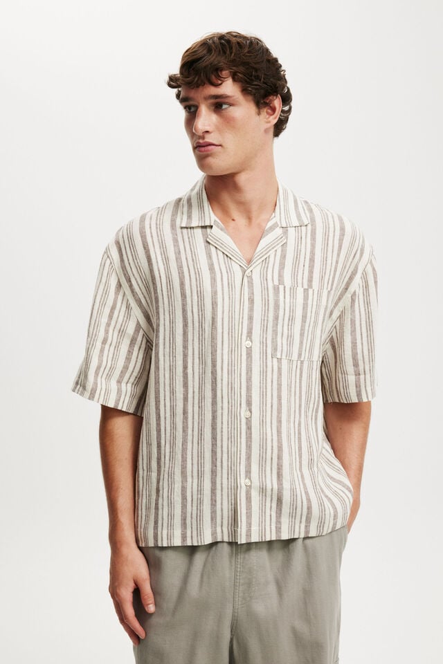 cotton on Linen Box Fit Short Sleeve Shirt cream stripe