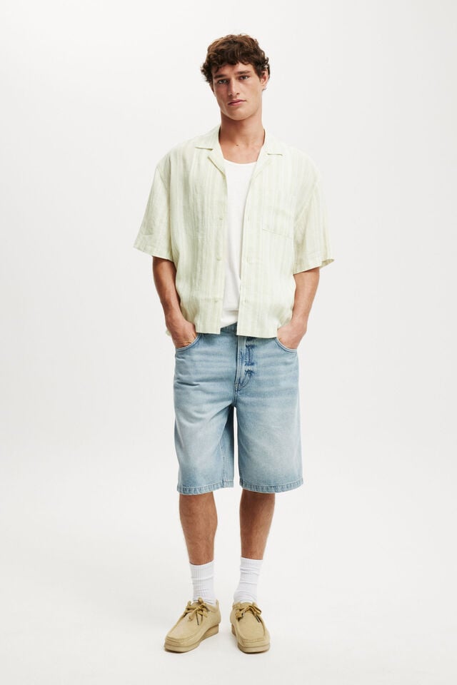 Cotton On Linen Box Fit Short Sleeve Shirt Soft Green Stripe
