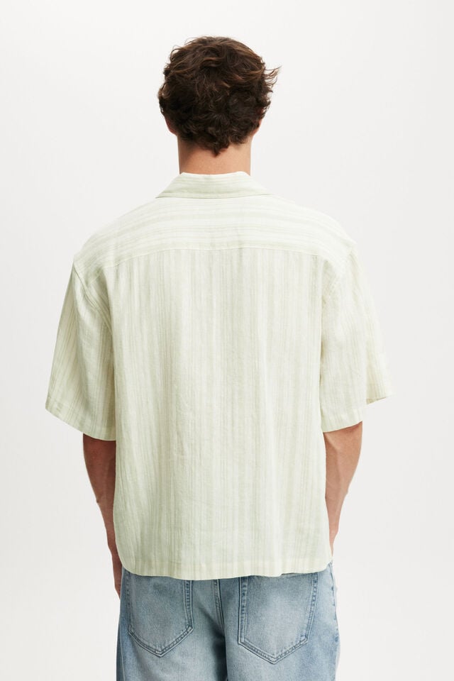 Cotton On Linen Box Fit Short Sleeve Shirt Soft Green Stripe