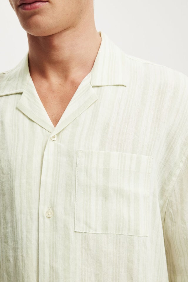 Cotton On Linen Box Fit Short Sleeve Shirt Soft Green Stripe