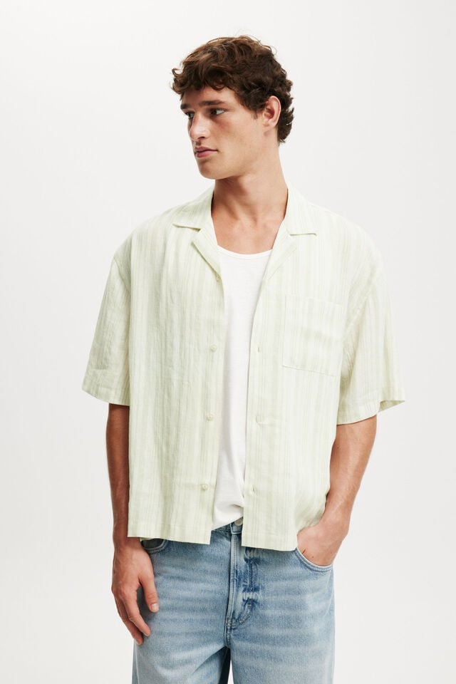 cotton on Linen Box Fit Short Sleeve Shirt soft green stripe