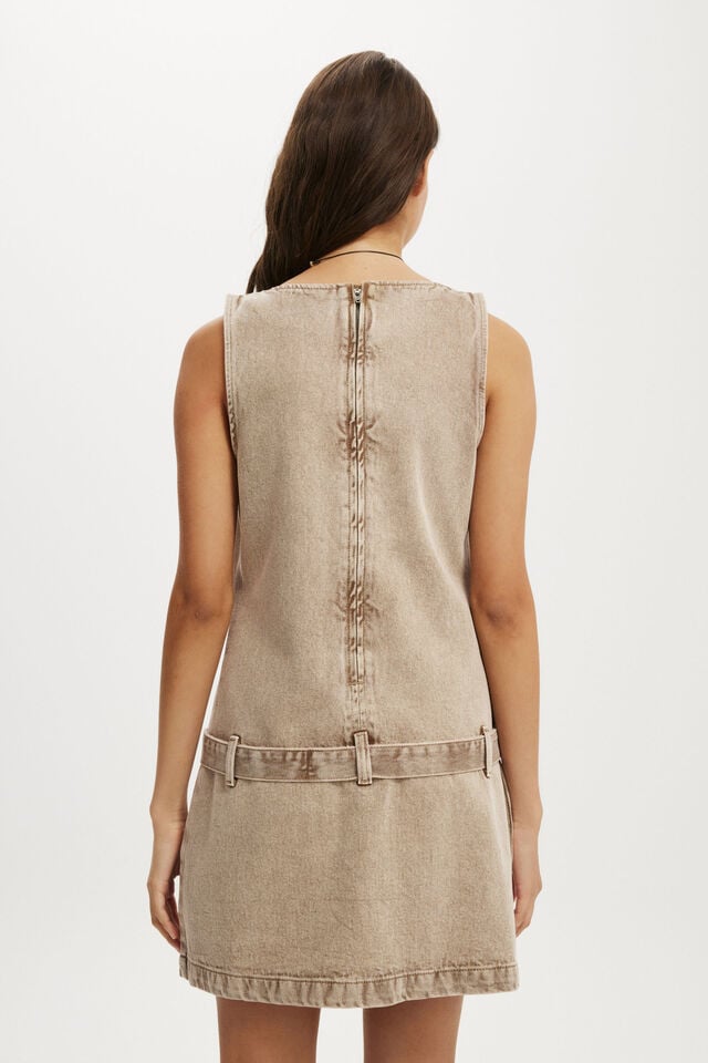 Cotton On Luisa Belted Denim Mini Dress Brown Stonewash