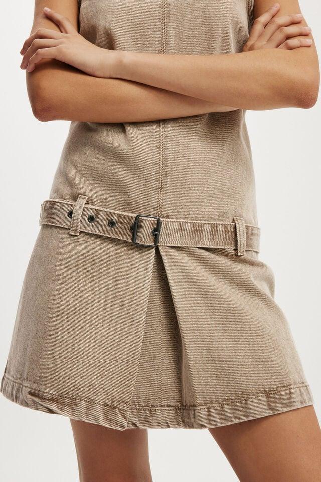 Cotton On Luisa Belted Denim Mini Dress Brown Stonewash