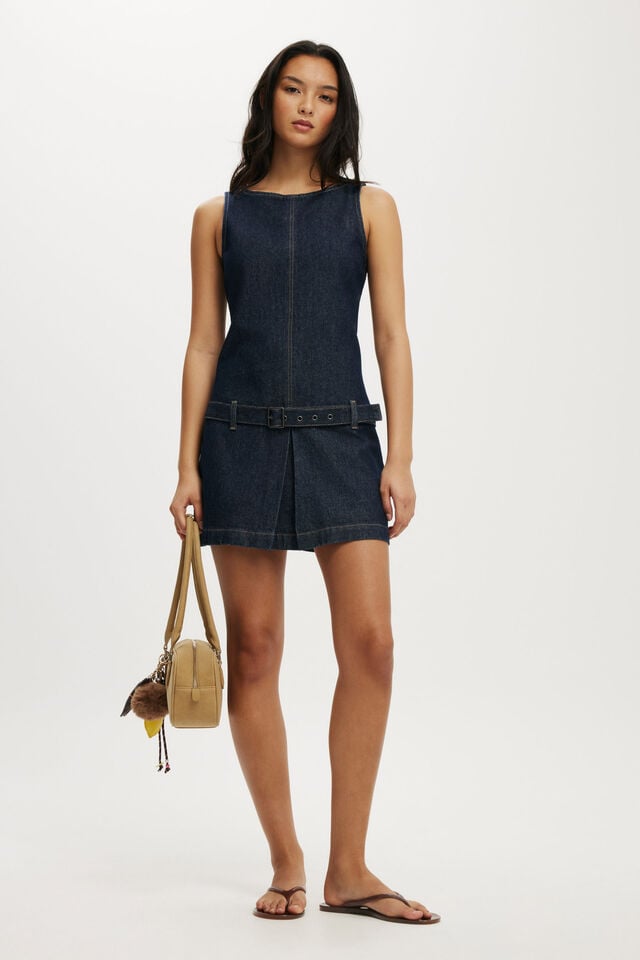 Cotton On Luisa Belted Denim Mini Dress Shutter Blue