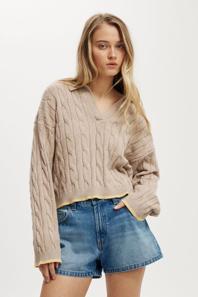 cotton on Luxe Collar Sweater acorn marle/yellow tipping