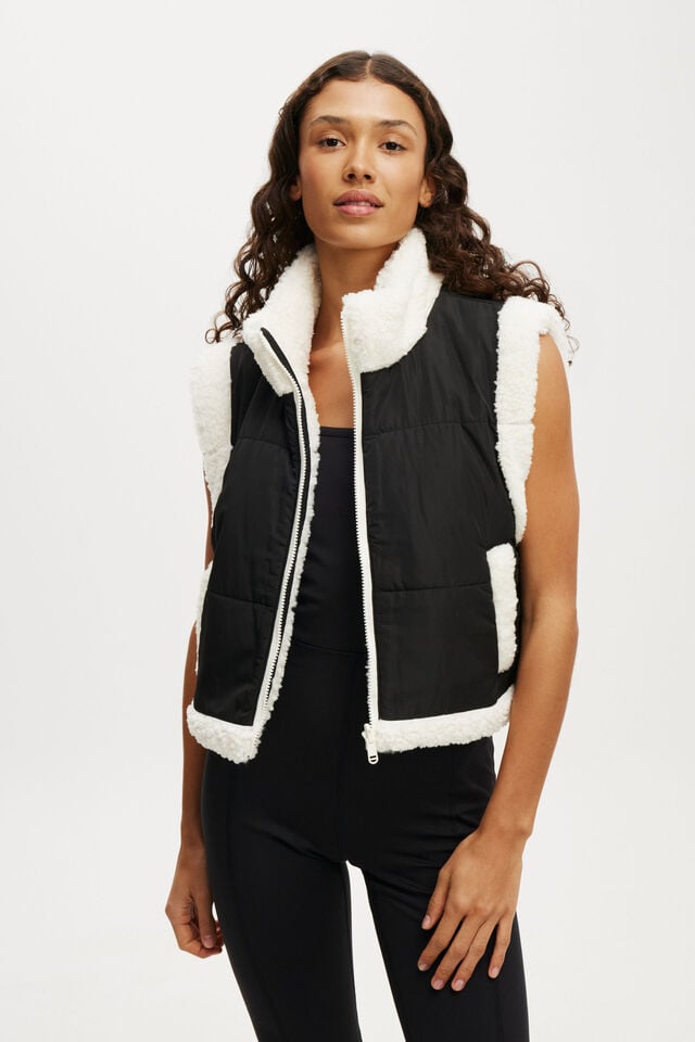 Cotton On Mother Puffer Sherpa Reversible Vest Black/ Coconut Milk