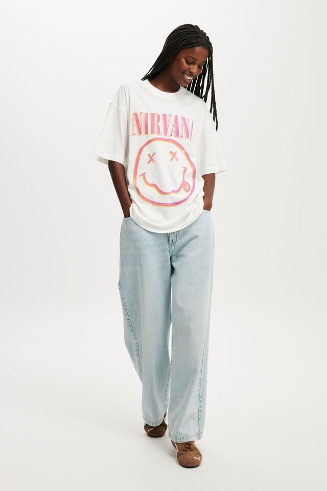Cotton On Nirvana Boxy Graphic Tee Lcn Mt Nirvana Smiley/ Vintage White