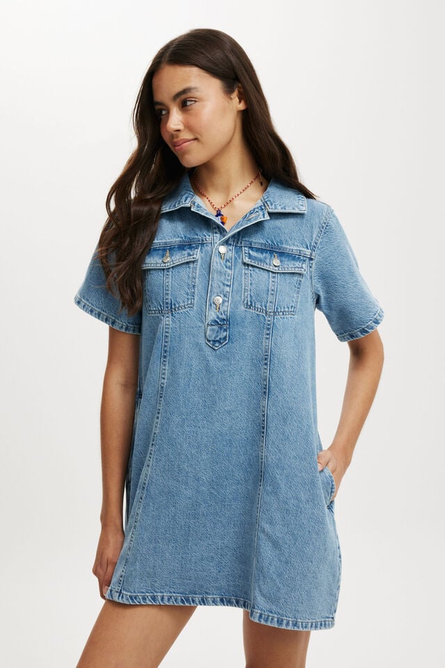 Cotton On Original Denim Mini Dress Cleanwater Blue