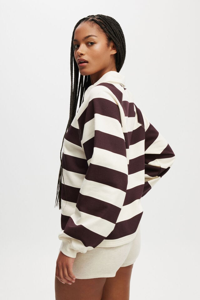 Cotton On Oversized Collared Lounge Fleece Sweater Burgundy/ Cream Stripe