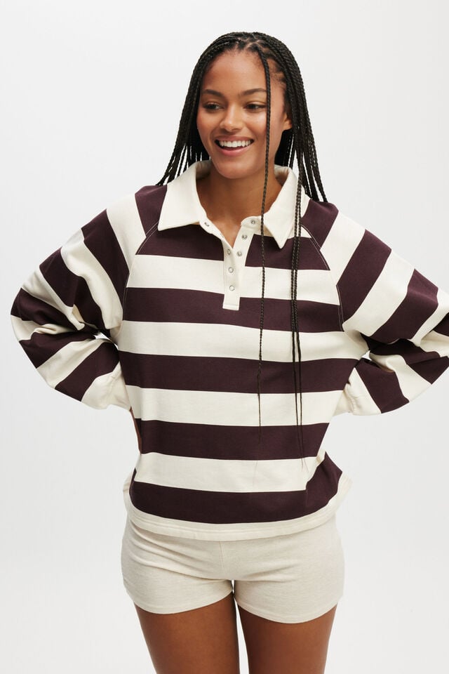 cotton on Oversized Collared Lounge Fleece Sweater burgundy/ cream stripe