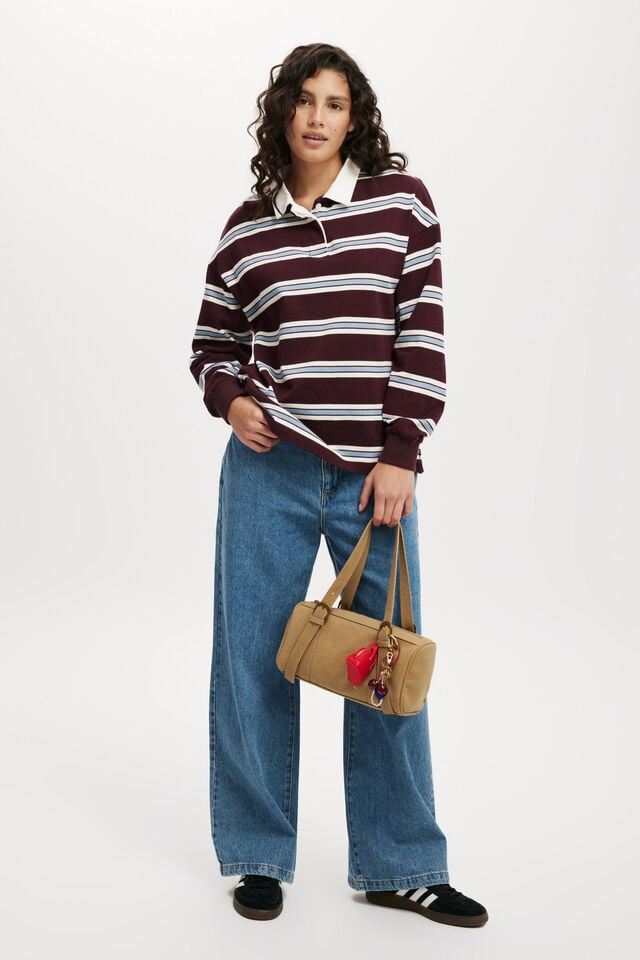 Cotton On Oversized Long Sleeve Polo Choc Cherry Stripe