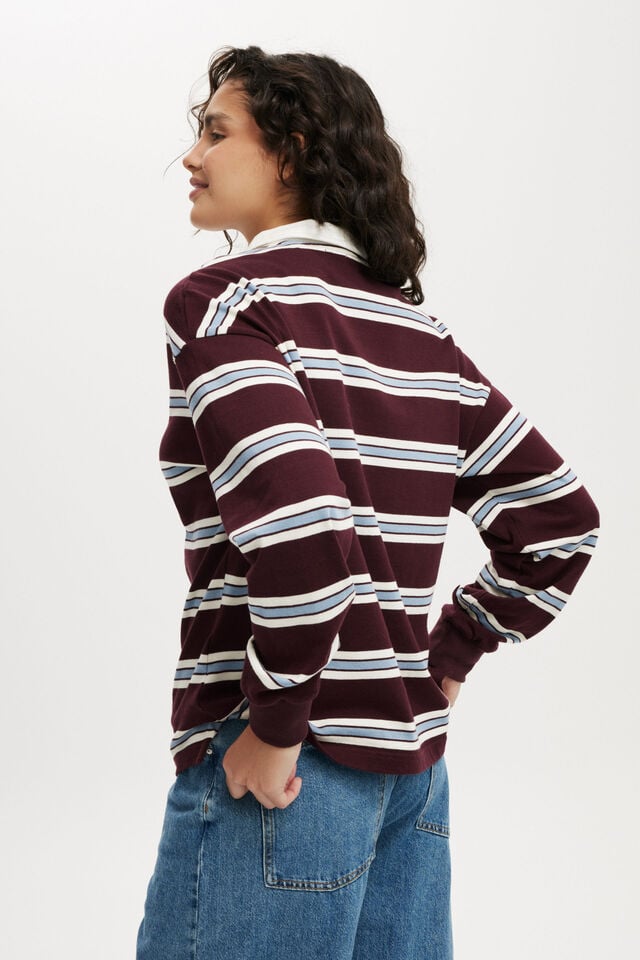 Cotton On Oversized Long Sleeve Polo Choc Cherry Stripe