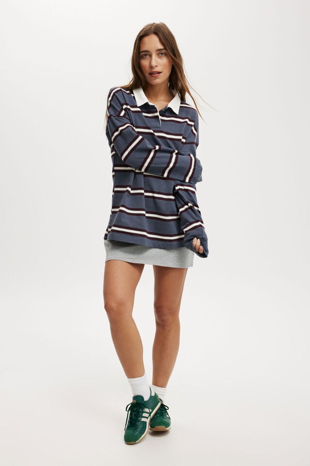 Cotton On Oversized Long Sleeve Polo Slate Blue Stripe