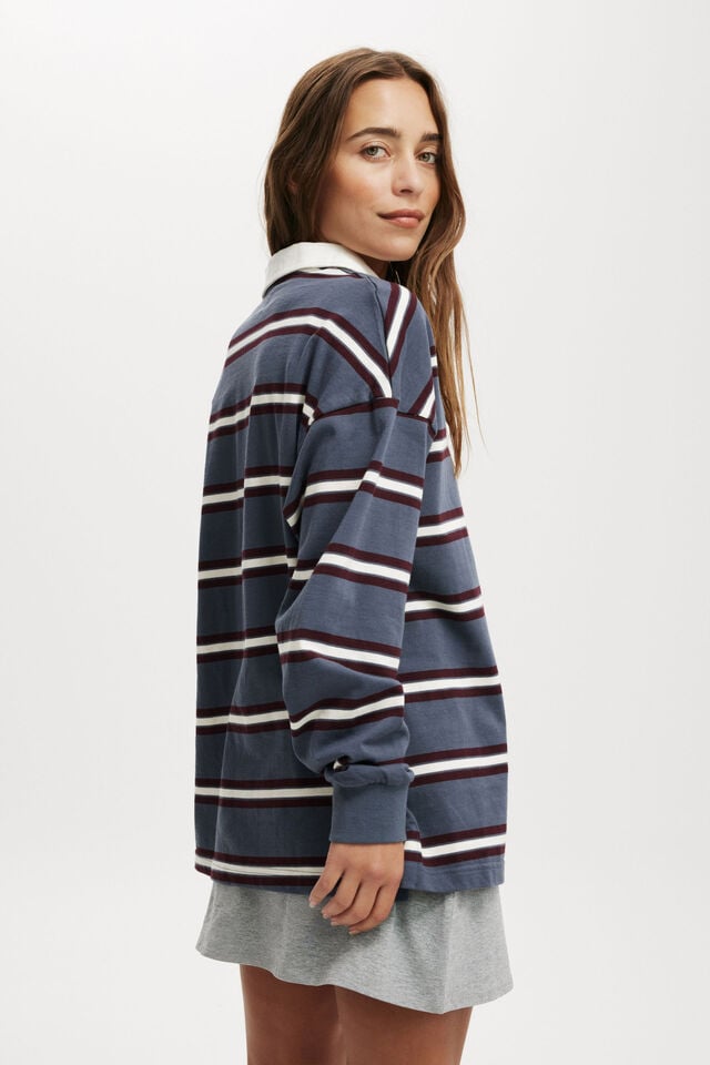 Cotton On Oversized Long Sleeve Polo Slate Blue Stripe