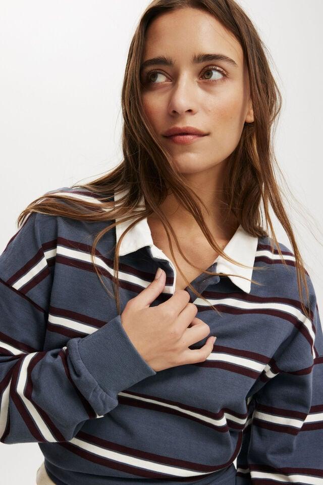 Cotton On Oversized Long Sleeve Polo Slate Blue Stripe