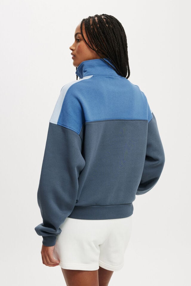 Cotton On Panelled Quarter Zip Sweat Azure Blue/ Blue Slate
