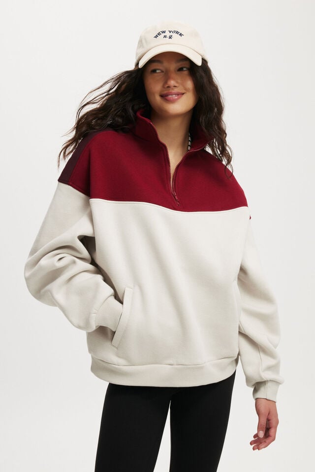 Cotton On Panelled Quarter Zip Sweat Sangria / Light Stone