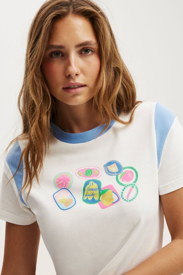 Cotton On Peached Jersey Contrast Baby Tee Fruit Stickers/adrift Blue