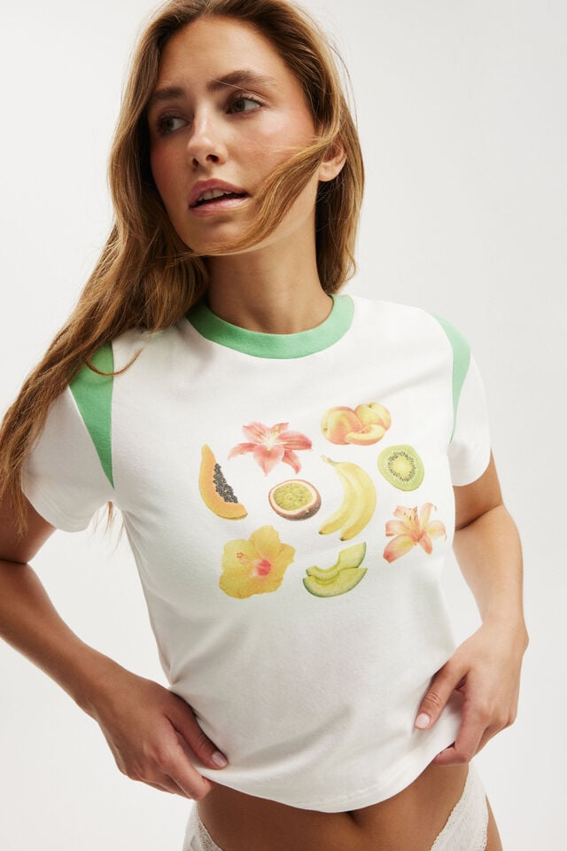 Cotton On Peached Jersey Contrast Baby Tee Tropical Fruits/spring Green