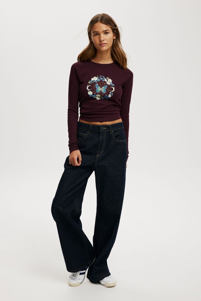 Cotton On Raglan Rib Long Sleeve Tee Butterfly/ Cherry Ripe