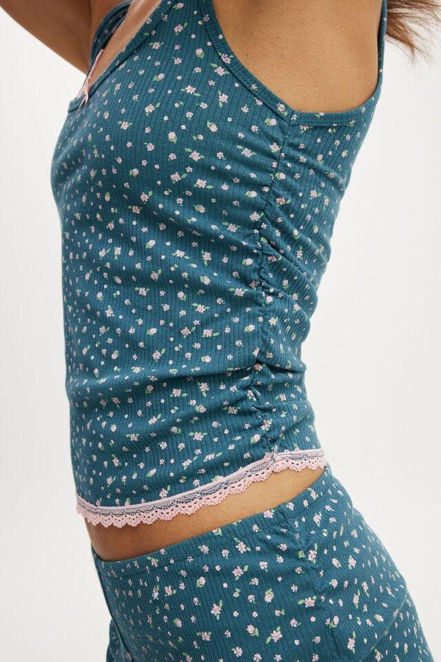 Cotton On Rib Lace Ruched Tank Deep Blue Aura/ammie Ditsy Floral