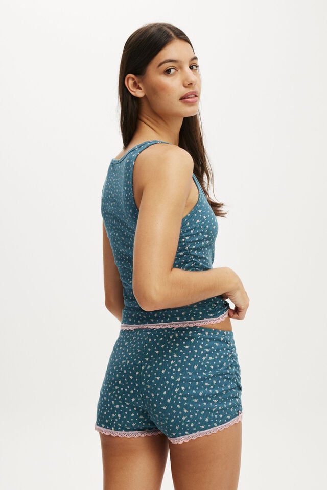 Cotton On Rib Lace Ruched Tank Deep Blue Aura/ammie Ditsy Floral