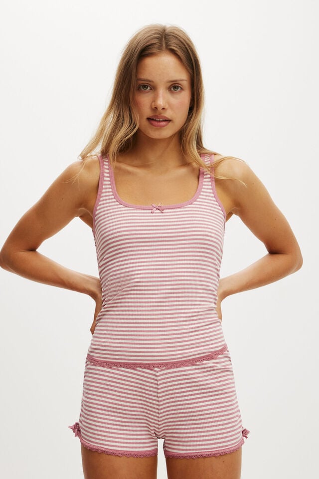 cotton on Rib Lace Ruched Tank light grey marle/heather rose frankie stripe