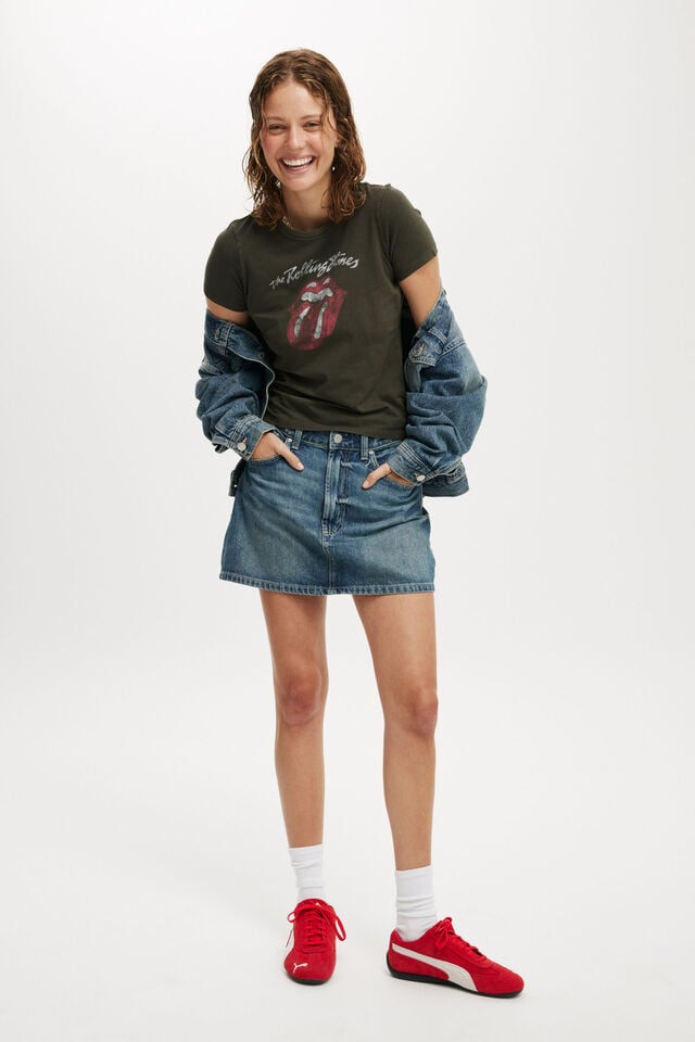 Cotton On Rolling Stones Fitted Longline Tee Lcn Br Rolling Stones Classic Tongue / Washed