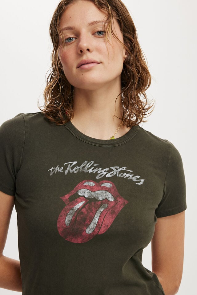 Cotton On Rolling Stones Fitted Longline Tee Lcn Br Rolling Stones Classic Tongue / Washed