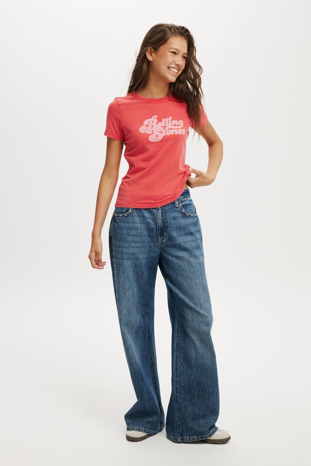 Cotton On Rolling Stones Fitted Longline Tee Lcn Br Rolling Stones Retro Logo /summer Red