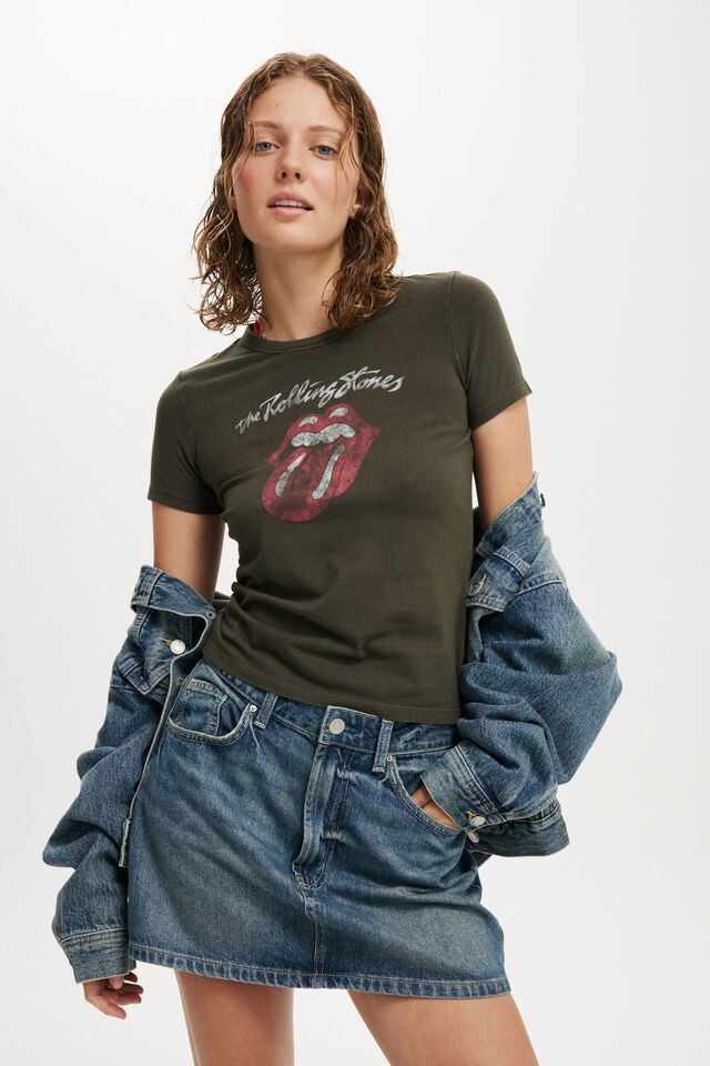 Cotton On Rolling Stones Fitted Longline Tee Lcn Br Rolling Stones Classic Tongue / Washed
