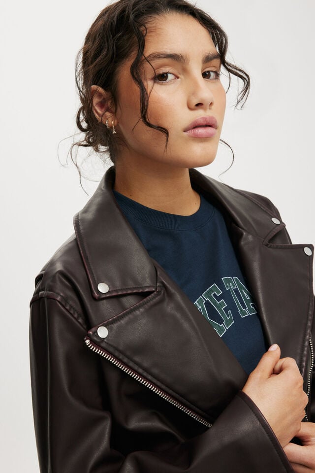 Cotton On Roman Faux Leather Biker Jacket Cherry Choc