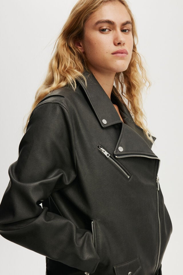 Cotton On Roman Faux Leather Biker Jacket Washed Black