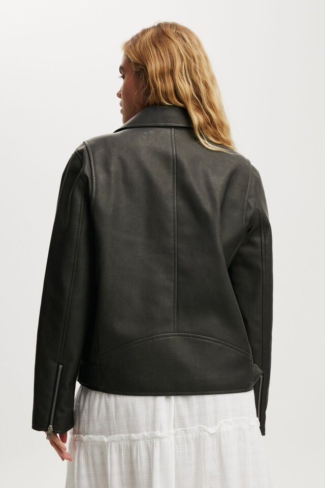 Cotton On Roman Faux Leather Biker Jacket Washed Black