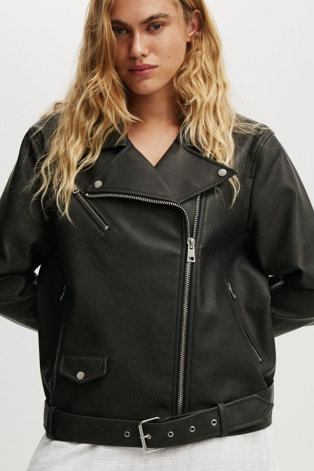Cotton On Roman Faux Leather Biker Jacket Washed Black