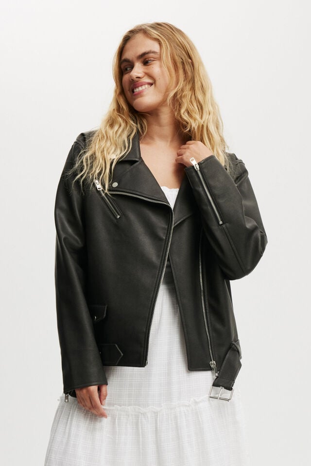 cotton on Roman Faux Leather Biker Jacket washed black